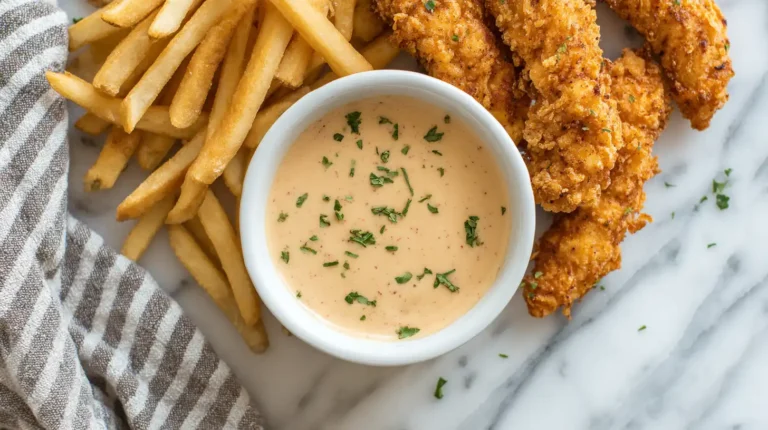 Creamy Cane’s sauce served in a bowl on a white marble counter with chicken tenders and french fries
