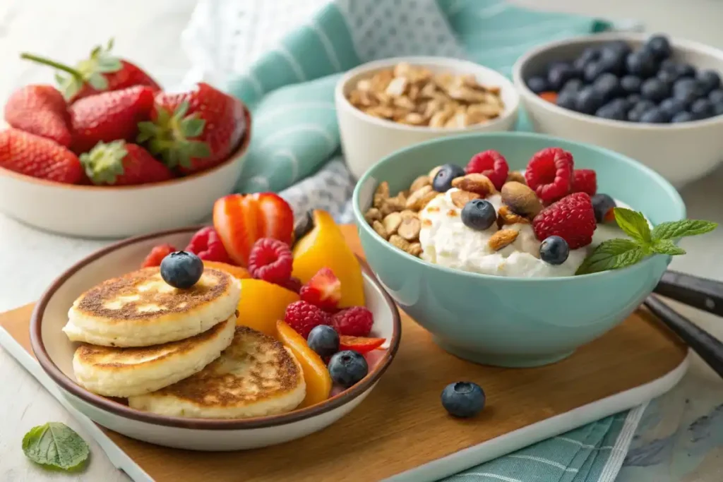 Delicious variety of cottage cheese recipes including smoothie bowl, pancakes, and stuffed peppers.