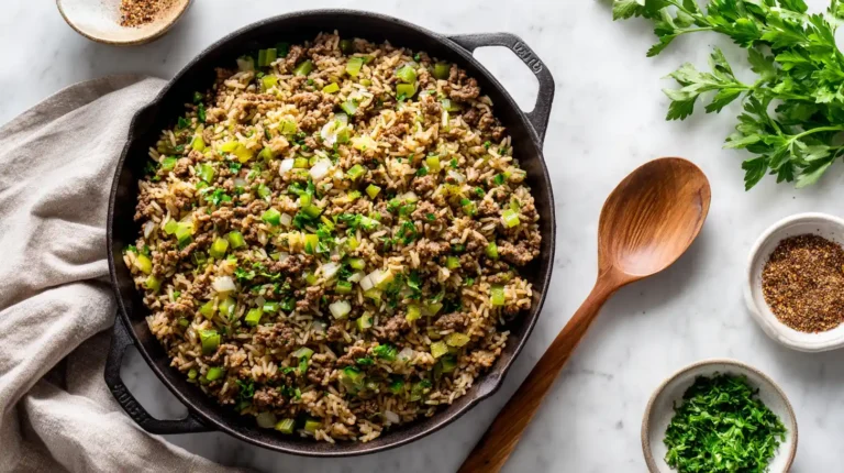 dirty rice recipe cooked with ground beef, bell peppers, celery, and onions in a cast iron skillet