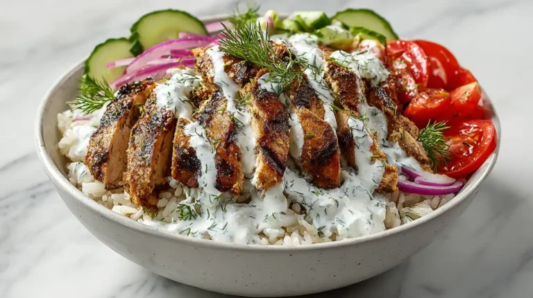 Greek Gyro Bowls with Tzatziki Sauce served on a white marble countertop