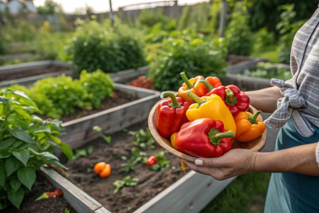 Holding Fresh Bell Peppers In A Garden A Person