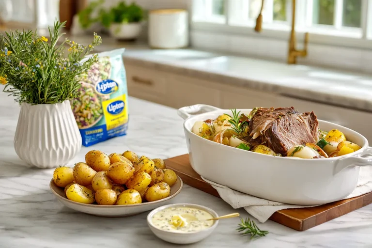 Lipton Onion Soup Mix packet with pot roast, roasted potatoes, and French onion dip on white marble counter