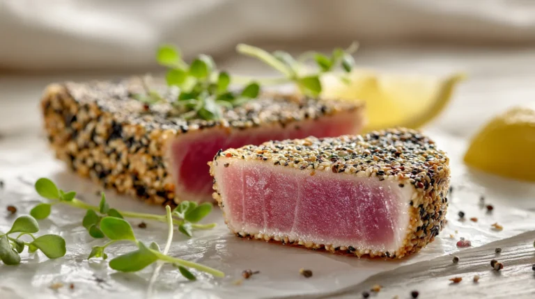 Seared ahi tuna recipe with sesame crust and rare pink center on white marble