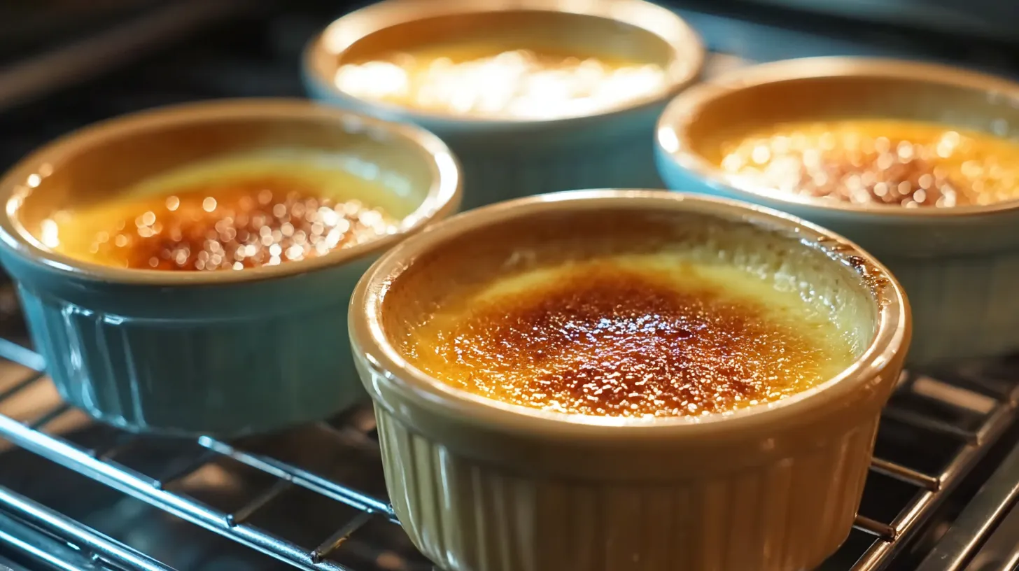 Ramekins filled with custard placed in a water bath inside an oven.