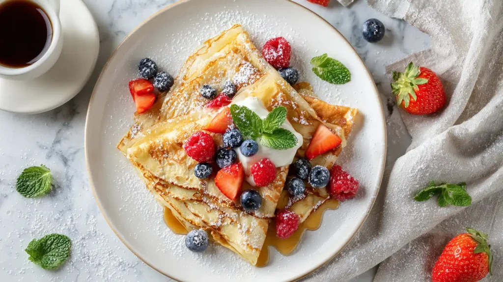 Bavarian crepes with fresh berries, yogurt, and honey on white marble countertop