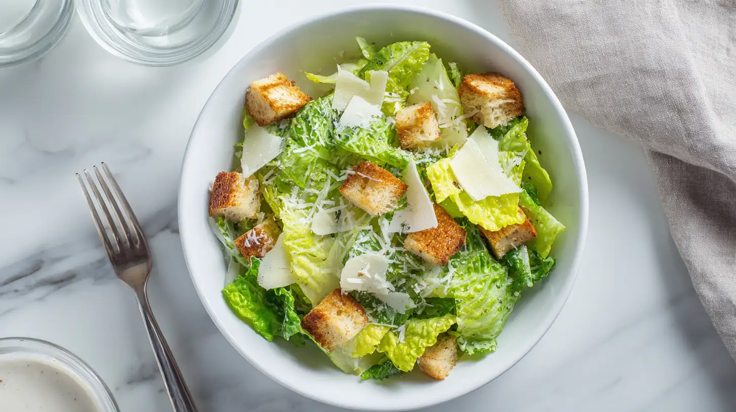 Fresh caesar salad side dish for eggplant parmesan overhead view