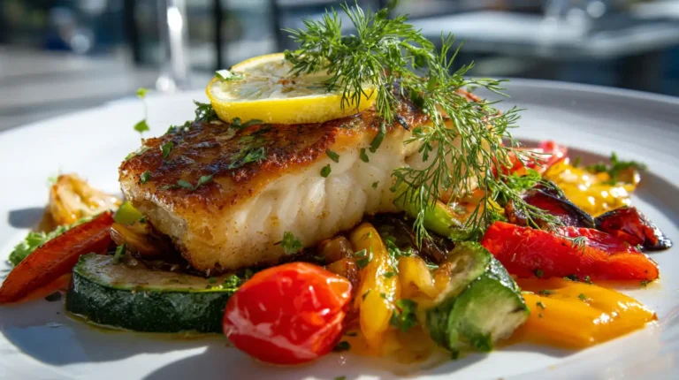 California Corbina recipe with roasted vegetables on white marble surface with fresh herbs and lemon