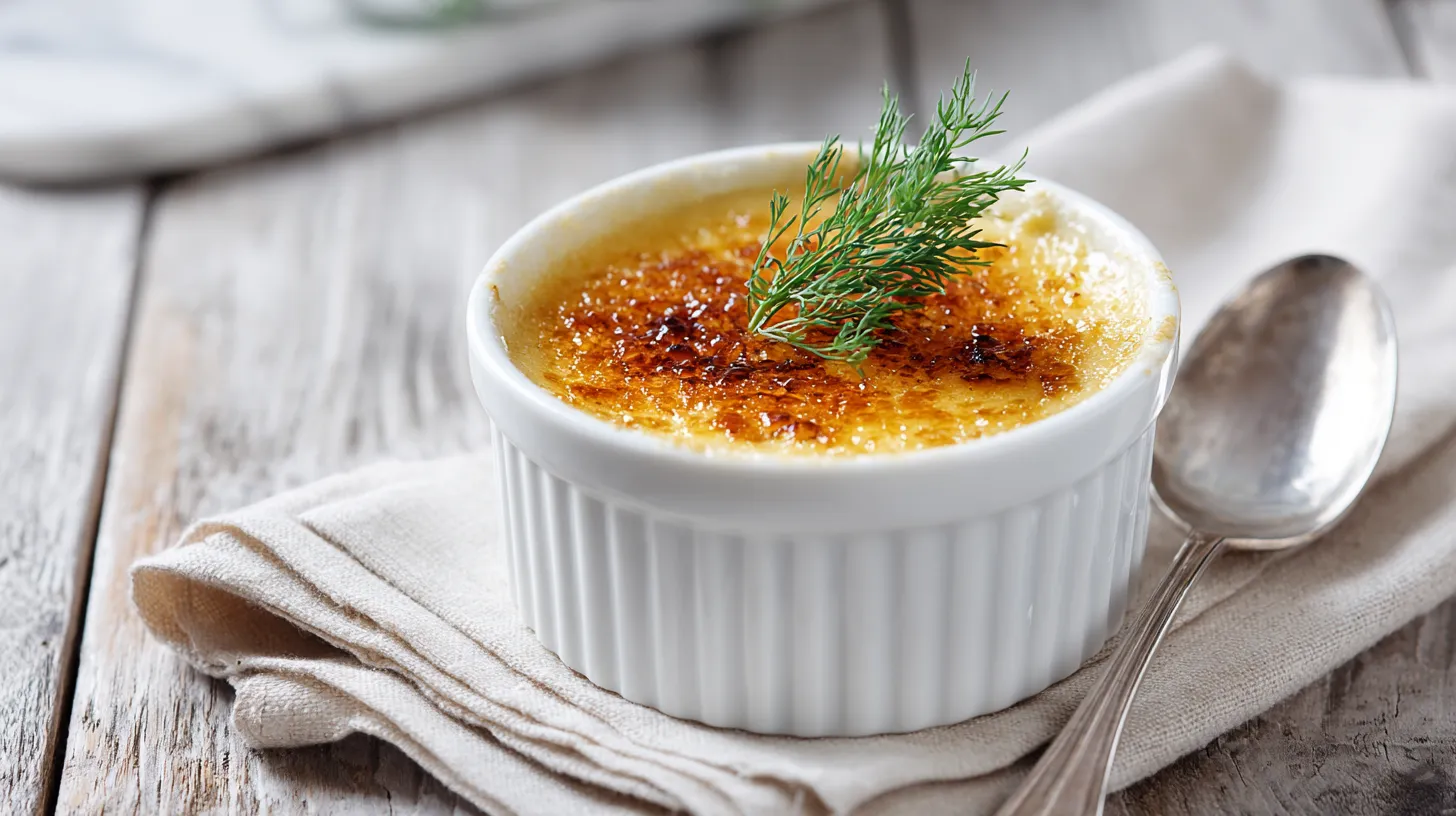 A golden Crab Brulee with a caramelized sugar crust garnished with fresh herbs.