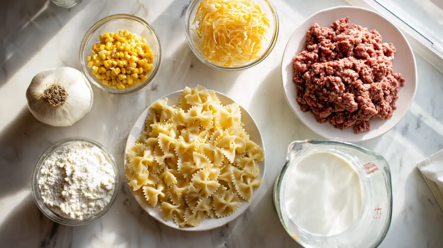 Creamy ranch beef skillet ingredients, including ground beef, bowtie pasta, corn, and ranch seasoning overhead view