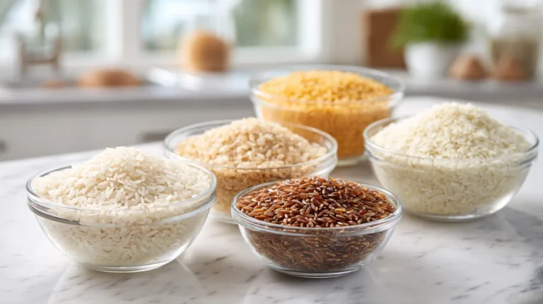 Different types of naturally gluten-free rice varieties, including white, brown, jasmine, and wild rice, are displayed with certified gluten-free label