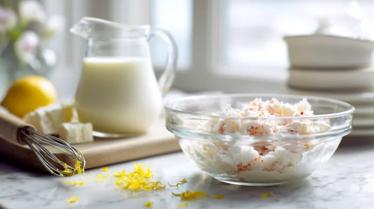 There is fresh crab meat, whisked eggs, and heavy cream on a wooden countertop.