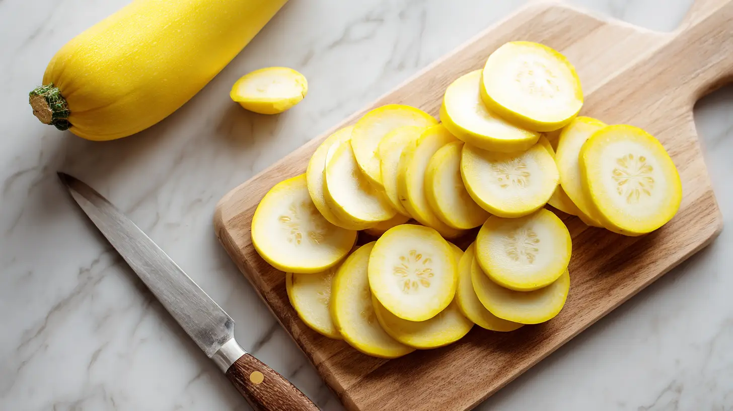 Yellow squash recipes preparation—fresh sliced squash on cutting board