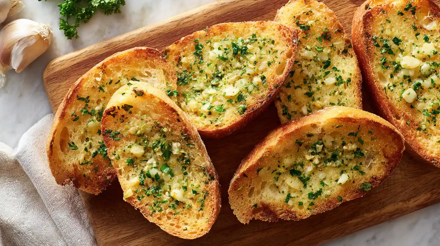Crusty garlic bread side dish for eggplant parmesan overhead view