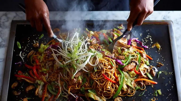 Griddle lo mein recipe cooking process with noodles, vegetables, and chicken on hot griddle