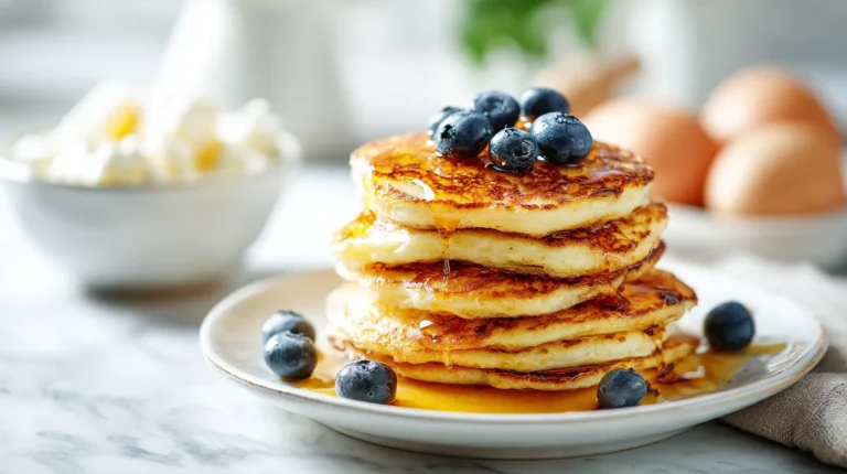 High-protein cottage cheese pancakes fluffy stack with blueberries honey on white marble