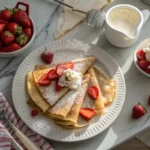 Bavarian Crepes topped with strawberries and whipped cream