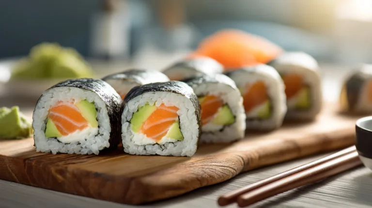 Homemade sushi rolls with salmon, avocado, and cream cheese on a rustic wooden board with chopsticks