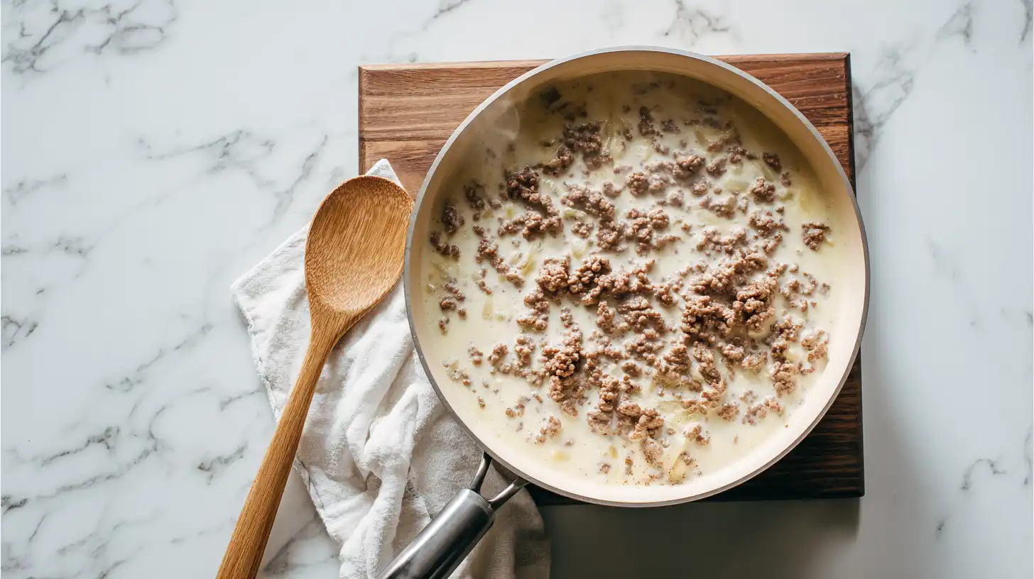 Creamy ranch beef skillet cooking process showing beef browning in pan overhead view