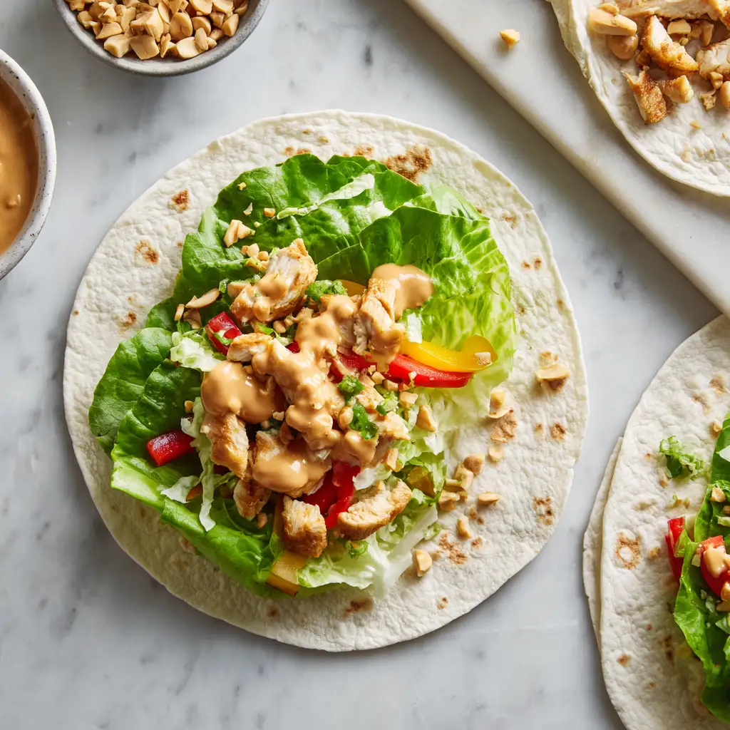Step 4 Layer, Drizzle, and Roll Tight Thai Peanut Chicken Wraps assembly with lettuce barrier, veggies, chicken, and peanut sauce