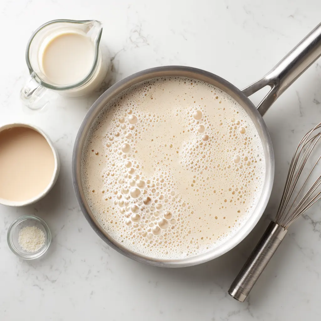 Step 5 Add Broth and Cream reamy Marry Me Chicken Pasta sauce with broth and cream whisked to a smooth base