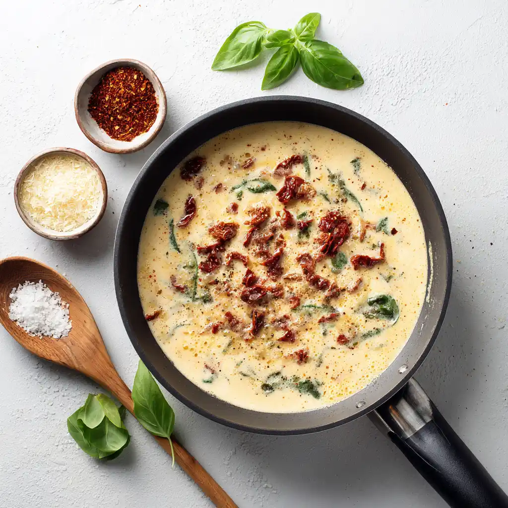 Step 6 Melt Parmesan, Add Sun-Dried Tomatoes Creamy Marry Me Chicken Pasta sauce with Parmesan melted, sun-dried tomatoes, and herbs