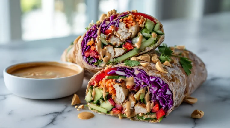 Thai peanut chicken wraps cut in half showing colorful vegetables, grilled chicken, and creamy peanut sauce