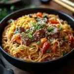 A delicious side dish of roasted vegetables paired with a steaming bowl of lo mein.Griddle lo mein recipe