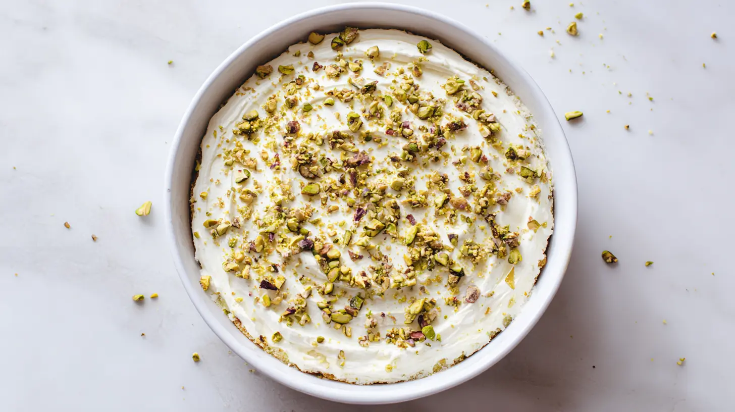 Complete frosted tropical pistachio cake in white baking dish overhead view