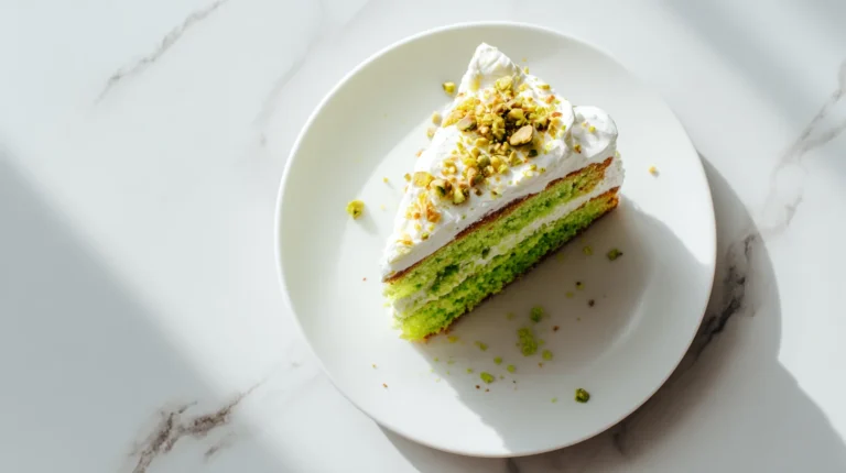 Tropical pistachio cake slice with white frosting on white plate overhead view