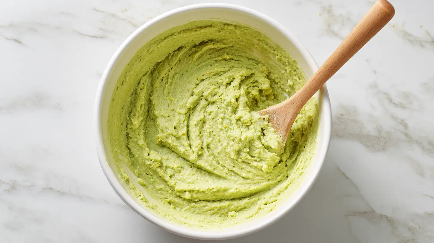 Green pistachio cake batter with pineapple in white mixing bowl overhead view