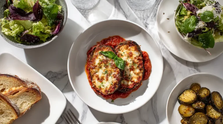 Eggplant parmesan with side dishes including salad and garlic bread, overhead view