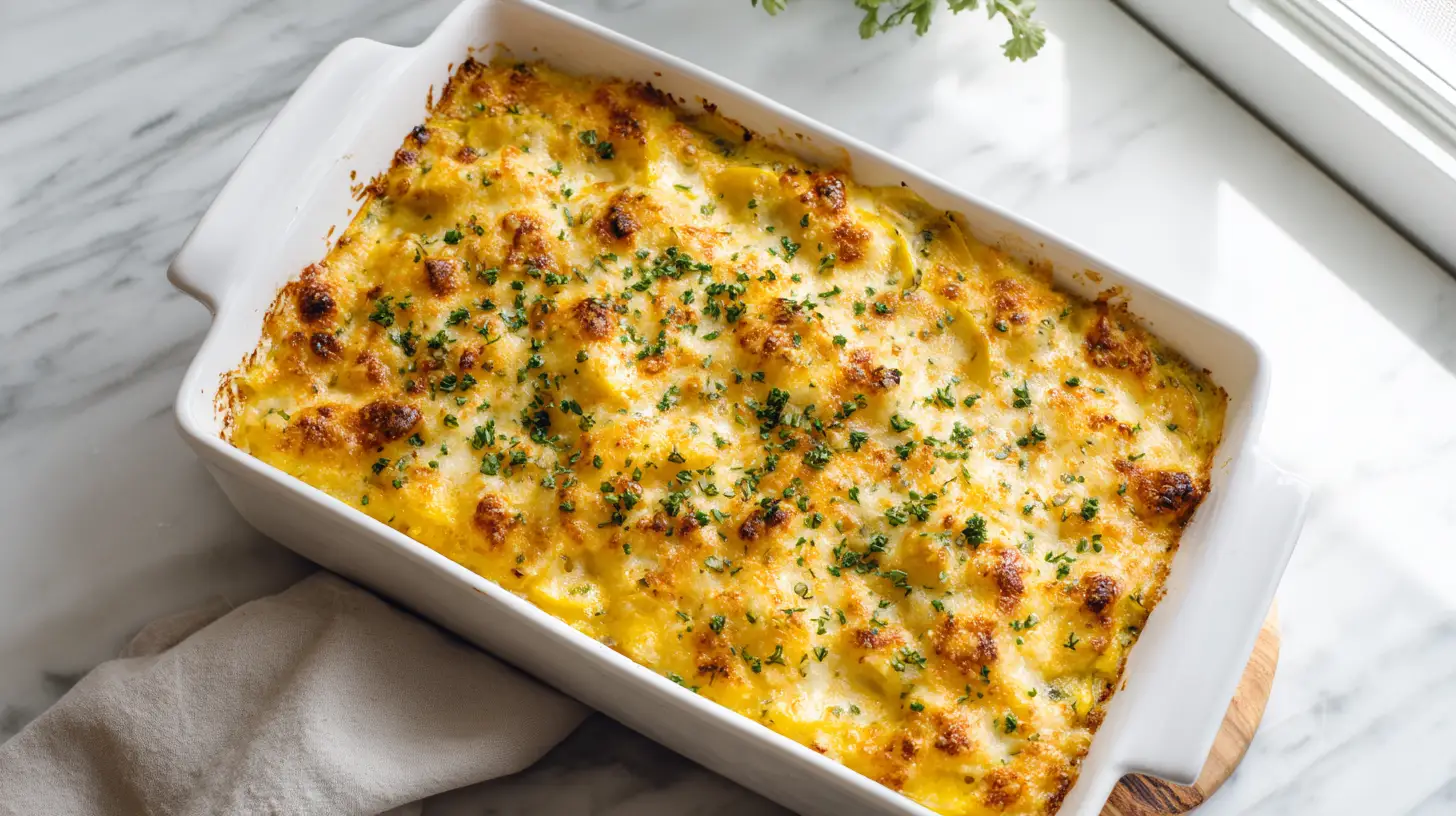 Yellow squash recipes - cheesy casserole with golden topping overhead view