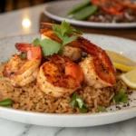 Cajun grilled shrimp served on a bed of fluffy brown rice with fresh cilantro garnish