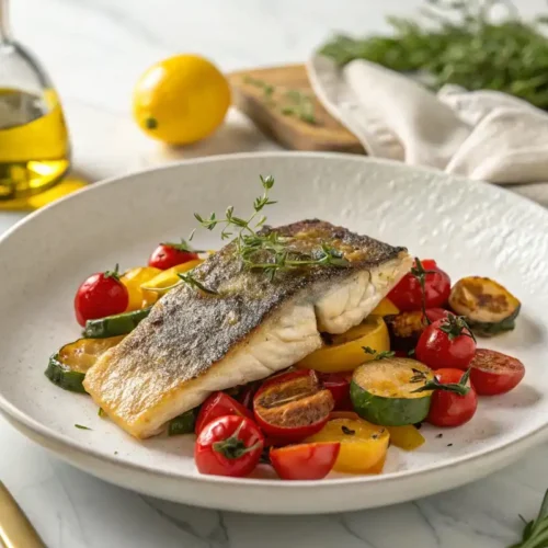 California Corbina recipe with skin-on fillet and colorful roasted vegetables on white plate