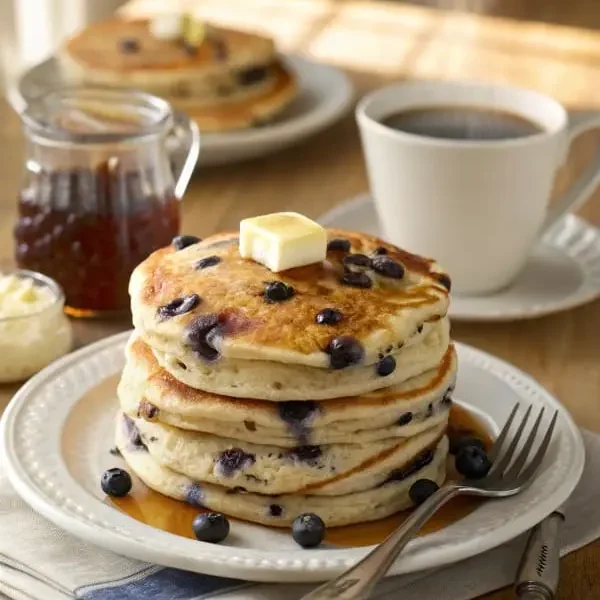 Fluffy Blueberry Pancakes – A Classic American Breakfast Treat A stack of golden blueberry pancakes topped with melted butter and maple syrup, served with coffee and syrup in a cozy breakfast setting.