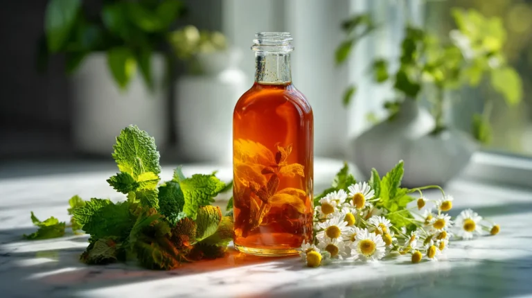 Glass bottle filled with golden herbal cordial recipe syrup surrounded by fresh mint, lemon balm, and chamomile flowers on white marble countertop