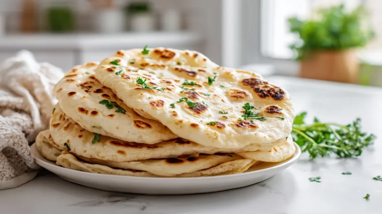 Stack of homemade sourdough discard flatbreads with hummus