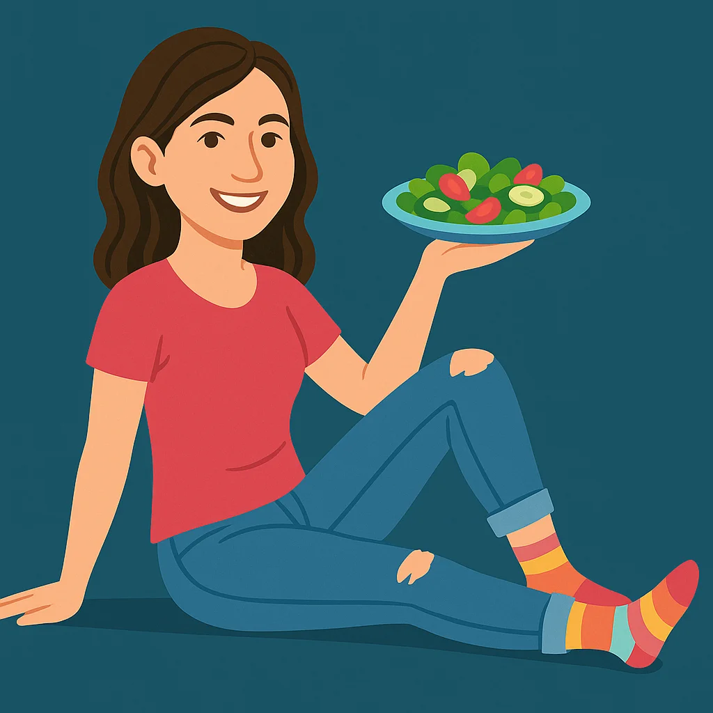 Nora with Salad Avatar Flat‑style profile avatar of Nora sitting on the floor, one hand supporting her body while the other holds a plate of fresh salad. She smiles softly, her wavy brown hair falling around her shoulders, dressed in a red T‑shirt, ripped blue jeans, and colorful striped socks against a deep teal background.