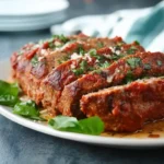 Freshly baked Italian meatloaf topped with melted mozzarella cheese and marinara sauce.