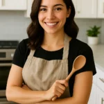 Confident woman in apron holding a wooden spoon in a modern kitchen