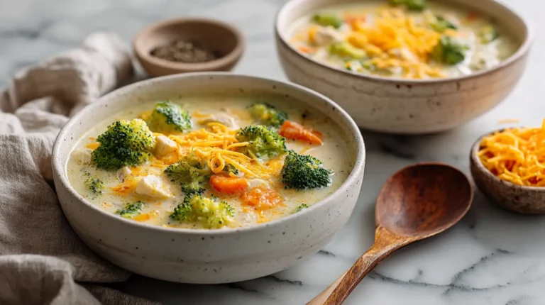 Chicken broccoli soup in white bowls with cheddar cheese and vegetables on marble counter