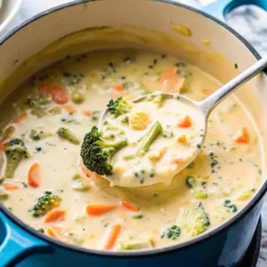 Chicken broccoli soup in a light blue pot with a ladle lifting soup full of carrots, broccoli, and creamy broth