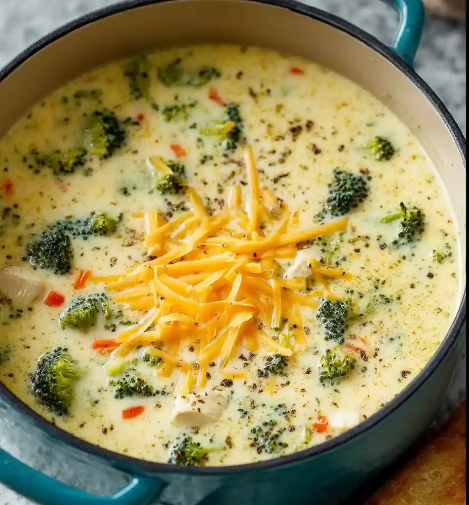 Chicken broccoli soup in a large pot topped with shredded cheddar cheese and black pepper