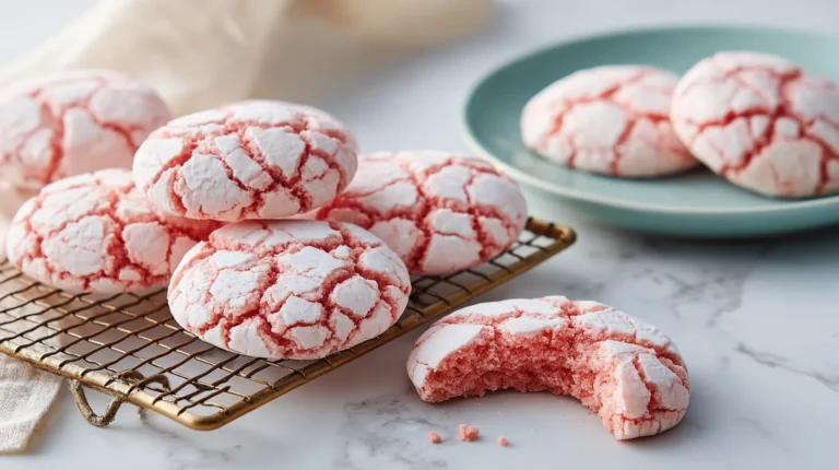 Soft strawberry crinkle cookies with white powdered sugar cracking on marble counter