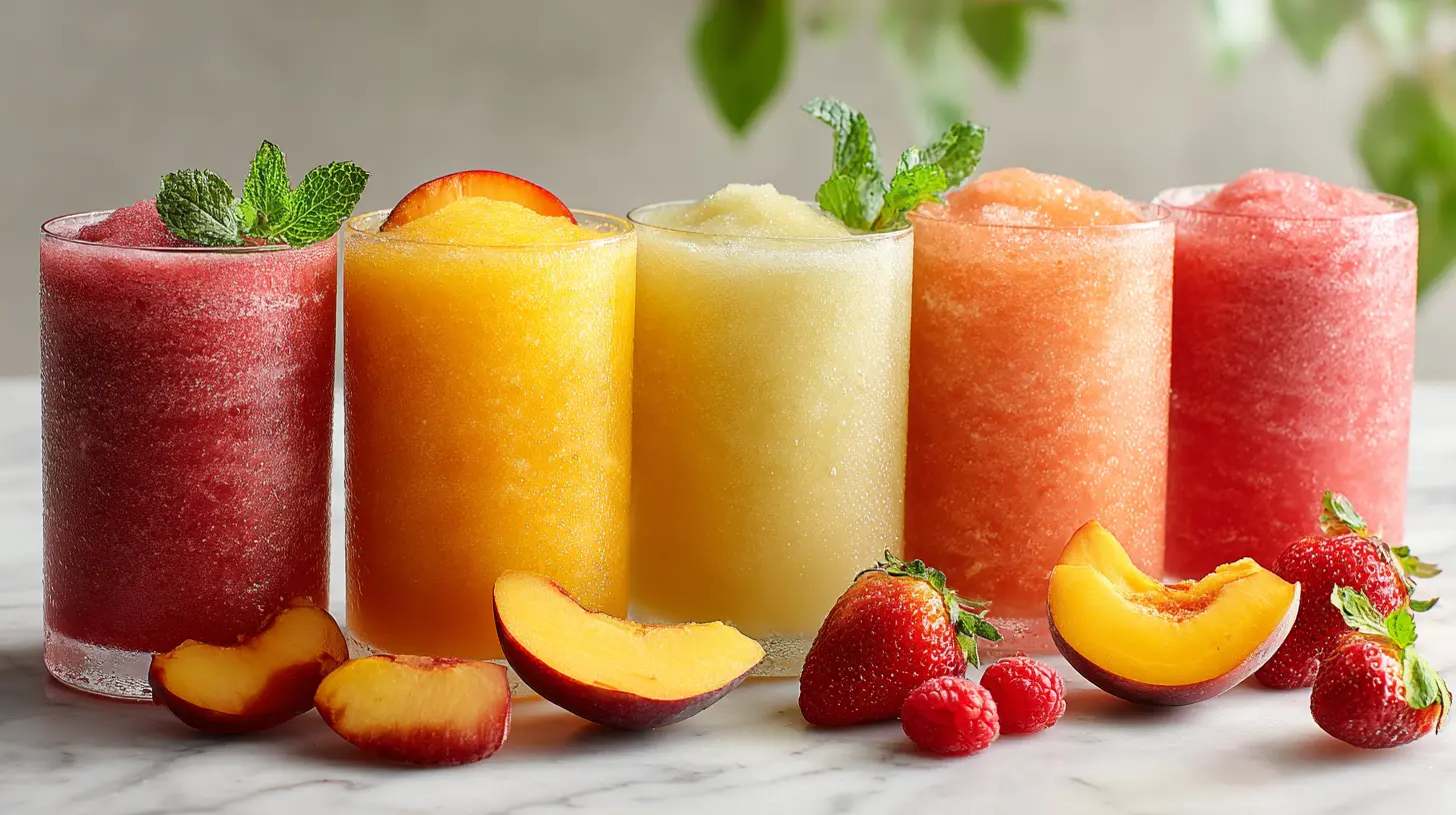 Multiple colorful variations of frozen peach lemonade slush with different fruit combinations