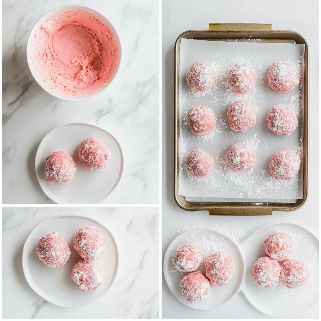 Visual steps showing how to prepare strawberry crinkle cookie dough in a modern white kitchen.