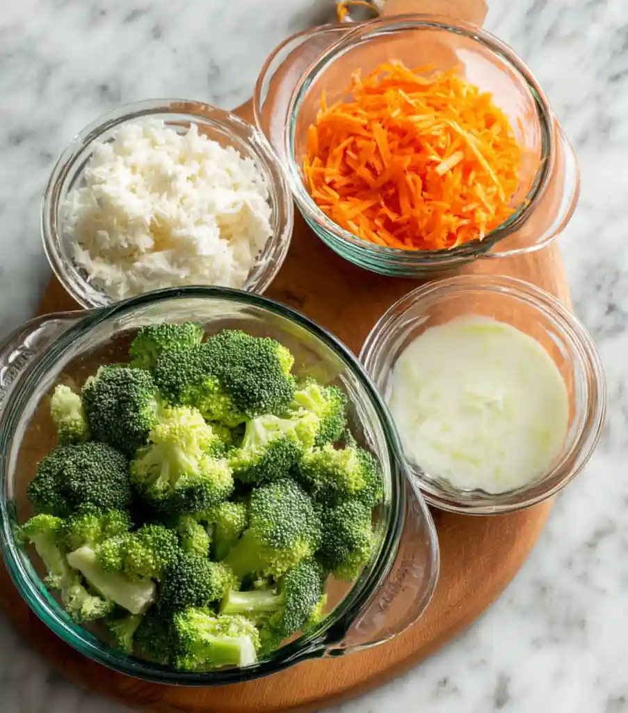 Bowls of fresh broccoli, shredded carrots, grated cheese, and cream arranged on a wooden cutting board