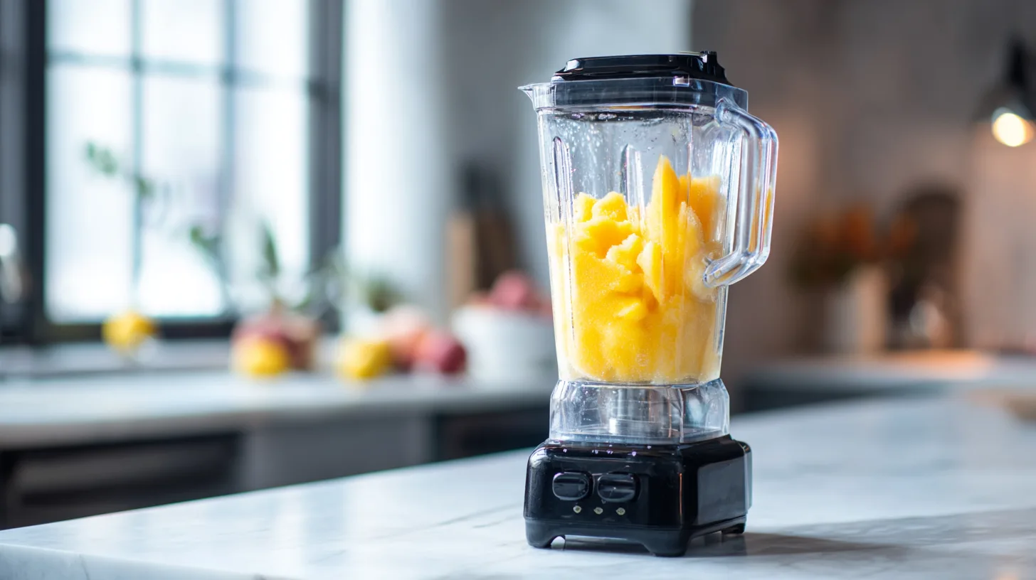 High-speed blender creating frozen peach lemonade slush with visible motion