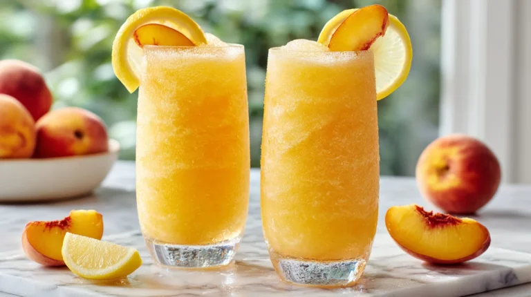 Tall glasses of frozen peach lemonade slush with fresh fruit garnishes on marble counter