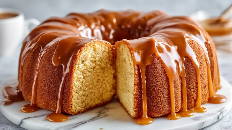 Golden pound cake with glossy caramel icing dripping down sides on marble counter